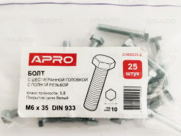 Болт с шестигранной головкой М 6x35 DIN 933 кл. пр. 5,8 цинк белый (пач. 25 шт.) APRO