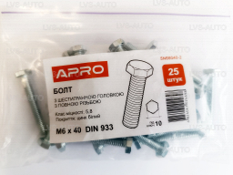 Болт с шестигранной головкой М 6x40 DIN 933 кл. пр. 5,8 цинк белый (пач. 25 шт.) APRO