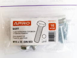Болт с шестигранной головкой М 10x35 DIN 933 кл. пр. 5,8 цинк белый (пач. 10 шт.) APRO