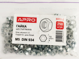 Гайка шестигранная, метрическая М5 DIN 934 кл. пр. 6 цинк белый (250шт) APRO 6005-2