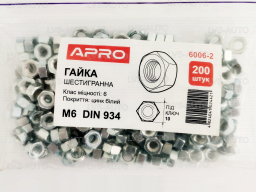 Гайка шестигранная, метрическая М6 DIN 934 кл. пр. 6 цинк белый (200шт) APRO 6006-2