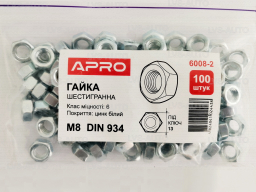 Гайка шестигранная, метрическая М8 DIN 934 кл. пр. 6 цинк белый (100шт) APRO 6008-2
