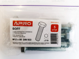 Болт із шестигранною головкою М 12x80 DIN 933 кл. пр. 5,8 цинк білий (пач. 5 шт.) APRO