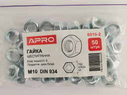 Гайка шестигранна, метрична М10 DIN 934 кл. пр. 6 цинк білий (50шт) APRO 6010-2